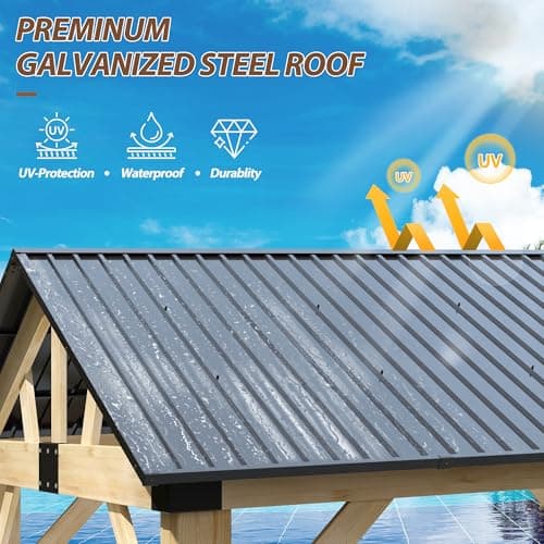 10' x 12' Wood Gazebo, Outdoor Cedar Hardtop Wooden Frame Gazebos with Galvanized Steel Roof for Garden, Patio, Deck