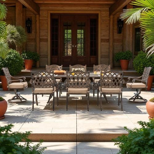 9 Piece Cast Aluminum Outdoor Dining Set, Retro Patio Dining Furniture Set for 8 Includes 86” Table 2 Swivel & 6 Stackable Lattice Chairs with Cushions and 2“ Umbrella Hole for Porch Poolside Garden
