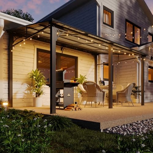 Aoxun 10' x 14' Lean to Gazebo, Upgraded Hardtop Outdoor Pergola with Sloping Galvanized Steel Roof, Large Wall-Mounted Heavy Duty Awnings for Patio, Backyard, Deck, Porch