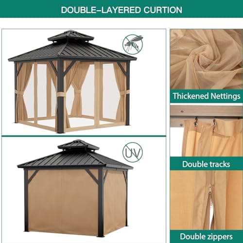 10'x10' Hardtop Gazebo, Heavy Duty Aluminum Permanent Hardtop Gazebo Outdoor Pavilion with Curtains and Netting for Garden (Khaki, 10'x10')