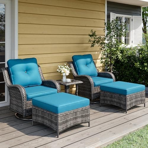 5 Piece Patio Furniture Set, Outdoor Swivel Chair Sets with Thick Cushion, Side Table and Ottoman, Wicker Patio Conversation Set for Deck Porch Sunroom