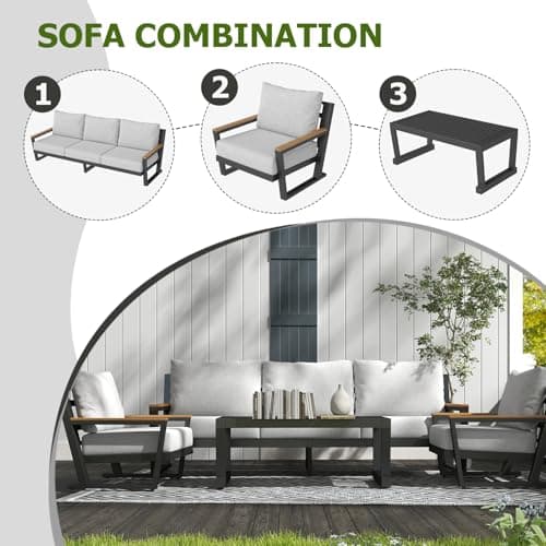 Aluminum Outdoor Furniture with Coffee Table,5 Seats Patio Furniture Set Sectional Waterproof Sofa with Conversation Set Table with Upgrade and Washable Cushion Grey