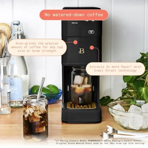 Beautiful Perfect Grind™ Single Serve Coffee Maker, built-in grinder, 6 sizes, 3 strengths, pod-free, reusable filter, 64oz reservoir, touch display, hot & iced brew. (Black Sesame)