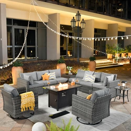ovios 11 Piece Outdoor Patio Furniture Set with Fire Pit Table,Conversation Sectional Wicker Couch with Swivel Chairs,Modern Outside Sofa for Balcony Backyard, Dark Grey