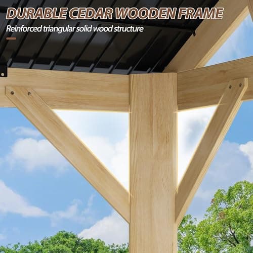 10' x 12' Wood Gazebo, Outdoor Cedar Hardtop Wooden Frame Gazebos with Galvanized Steel Roof for Garden, Patio, Deck