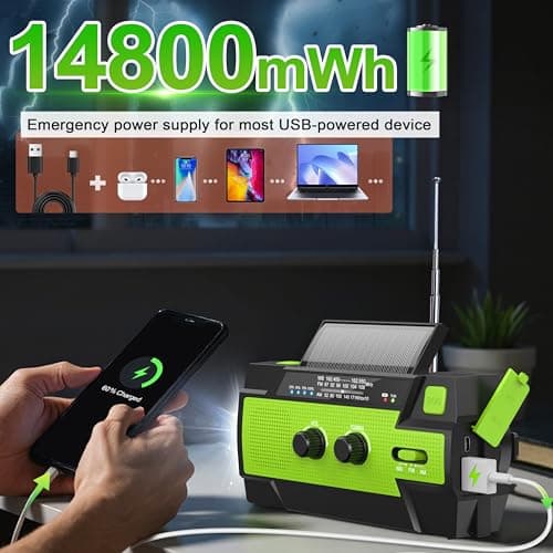 Emergency Crank Weather Radio, 14800mWh Solar Hand Crank Portable AM/FM/NOAA Weather Radio with 1W 3 Mode Flashlight & Reading Lamp, Cell Phone Charger, SOS for Home and Emergency
