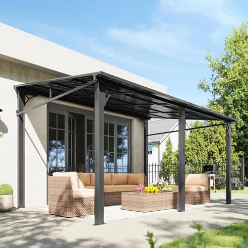Aoxun 10' x 14' Lean to Gazebo, Upgraded Hardtop Outdoor Pergola with Sloping Galvanized Steel Roof, Large Wall-Mounted Heavy Duty Awnings for Patio, Backyard, Deck, Porch