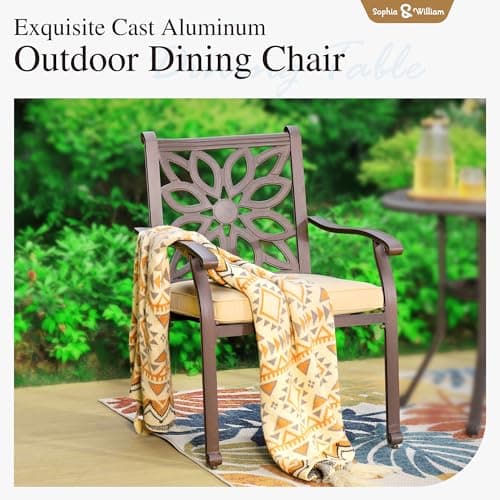 Sophia & William 7 Pieces Cast Aluminium Patio Dining Furniture Set for 6, Powder-Coating Outdoor Dining Chairs and Round Table with 2.2" Umbrella Hole for Porch Backyard Deck, Bronze