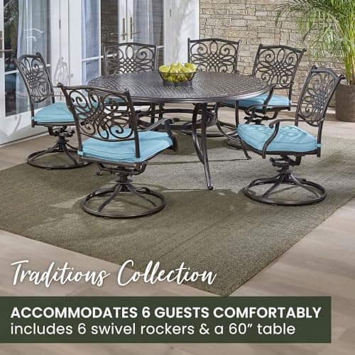 Hanover Traditions Set with 6 Swivel Rocker Chairs, Tan Cushions and Large 38"x72" Dining Table, Outdoor Dining Set for 6