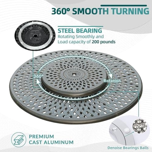 MEETWARM Outdoor 9-Piece Patio Dining Set, All-Weather Cast Aluminum Patio Conversation Set- 8 Cushioned Swivel Rocker, 61" Round Patio Dining Table w/Detachable Lazy Susan/Umbrella Hole, Dark Bronze