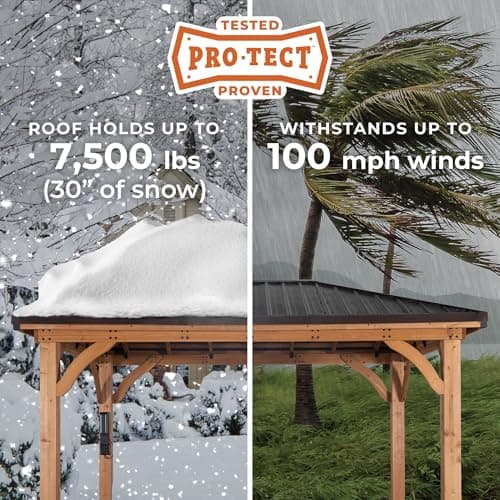 Backyard Discovery Barrington 12' x 12' Cedar Wood Outdoor Gazebo Pavilion with Hardtop Galvanized Steel Hip Roof, Snow Support, Wind Resistance, PowerPort, Shade for Garden, Patio, Deck, Entertaining