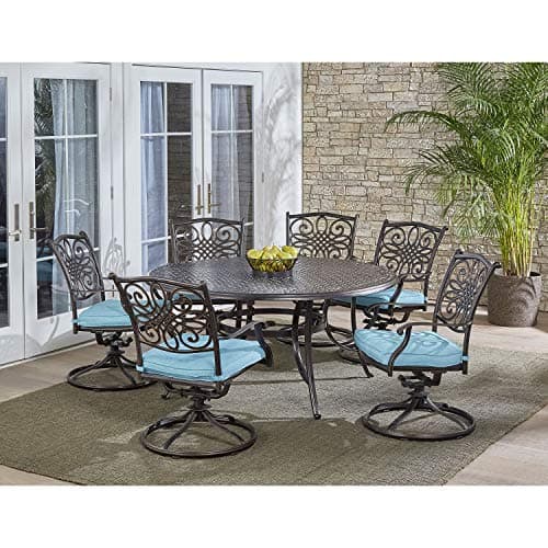 Hanover Traditions Set with 6 Swivel Rocker Chairs, Tan Cushions and Large 38"x72" Dining Table, Outdoor Dining Set for 6