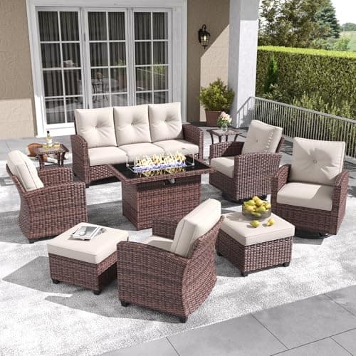 LayinSun 10 Pieces Patio Furniture Set with Swivel Chairs, Rattan Wicker Rocking Glide Chairs with 44" Propane Gas Fire Pit Table Conversation Set