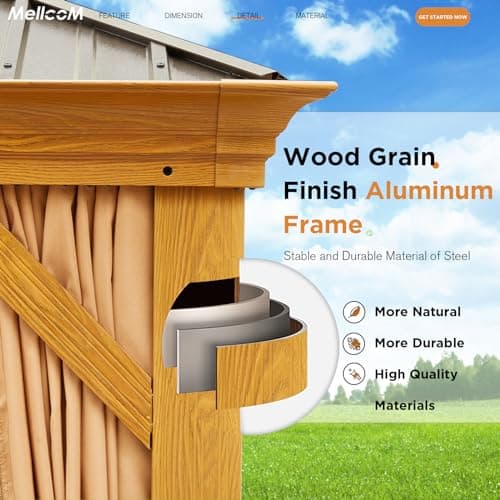 MELLCOM 14'x24' Gazebo, Wooden Finish Coated Aluminum Frame Pergola with Double Galvanized Steel Hardtop Roof, Outdoor Permanent Metal Pavilion with Curtains and Nettings for Patio, Backyard and Deck