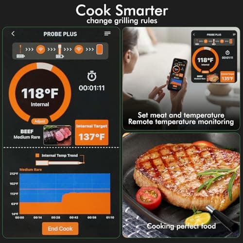 Smart Wireless Meat Thermometer 4 Probes, Bluetooth Food Thermometer, Remote Tracking and Real-Time Readings from Apps, for iOS and Android, for BBQ, Grill, Smoker