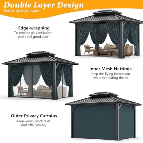 HOTEEL 10x12 Hardtop Gazebo Hot Tub Gazebo with Flame-Retardant Curtain Netting, Heavy Duty Pavilion with Galvanized Steel Double Roof, Aluminum Frame Outdoor Canopy for Patio, Party (2025 Upgraded)