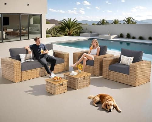 AMERLIFE 6-Piece Patio Sofa Set with Convertible Coffee Table - 8.3" Wide Armrests, UV-Resistant PE Rattan Outdoor Conversation Set for Balcony/Poolside, Waterproof Grey Cushions, Heavy-Duty Wicker