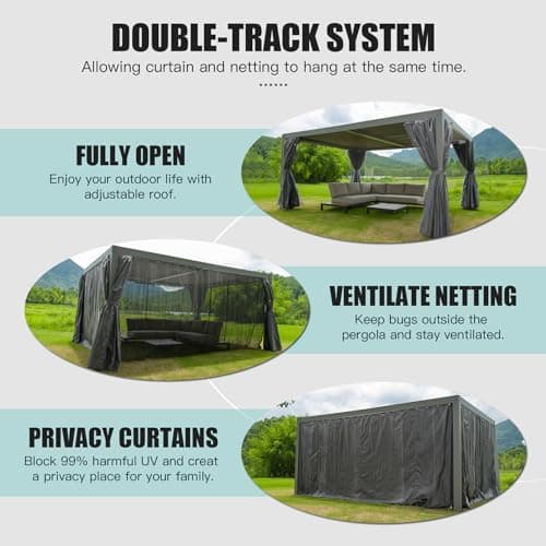 Domi Outdoor Louvered Pergola 10x13FT Full Aluminum Structure,Patio Rainproof Pergola with Two Independently Adjustable Roof for Backyard, Garden w/Curtains and Netting - Dark Gray
