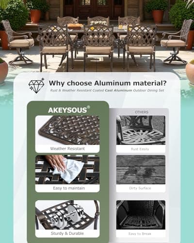 9 Piece Cast Aluminum Outdoor Dining Set, Retro Patio Dining Furniture Set for 8 Includes 86” Table 2 Swivel & 6 Stackable Lattice Chairs with Cushions and 2“ Umbrella Hole for Porch Poolside Garden
