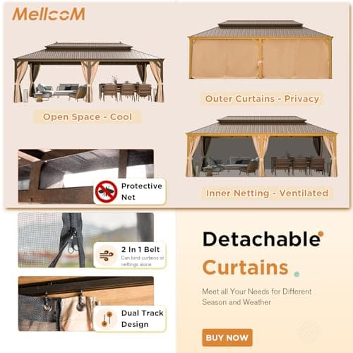 MELLCOM 14'x24' Gazebo, Wooden Finish Coated Aluminum Frame Pergola with Double Galvanized Steel Hardtop Roof, Outdoor Permanent Metal Pavilion with Curtains and Nettings for Patio, Backyard and Deck