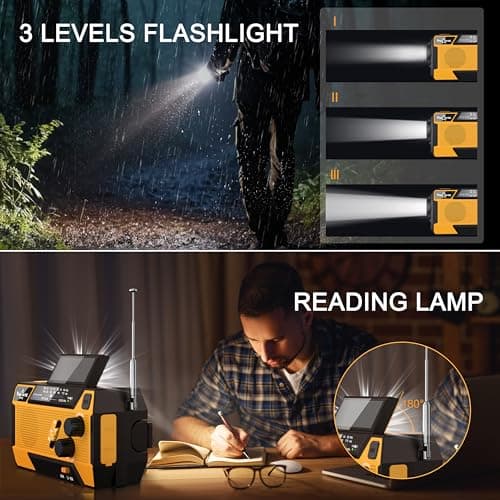 Hand Crank Emergency Radio NOAA Weather Radio 7400mWh Battery Operated 3 in 1 Charging Cable Hand Crank Charger with AM FM Portable Solar Powered Radio for Winter Storm Hurricane Survival Gear