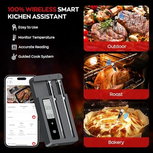 Smart Wireless Meat Thermometer with Dual Probes, Bluetooth & WiFi Combo, High Precision & Fast Response for BBQ, Grill, Smoker, Oven, Air Fryer