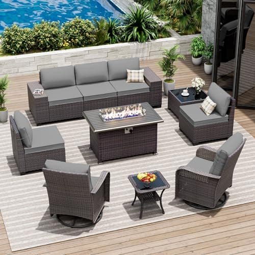 10 Pieces Patio Furniture Set with 2 Swivel Chairs Patio Furniture Outdoor Sectional Sofas with 55000 Gas Fire Pit Patio Conversation Set w/7 Cushions-Gary