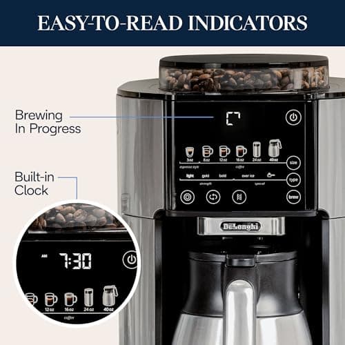 De'Longhi TrueBrew Drip Coffee Maker, Built in Grinder, Single Serve, 8 oz to 24 oz with 40 oz Carafe, Hot or Iced Coffee, Stainless,CAM51035M