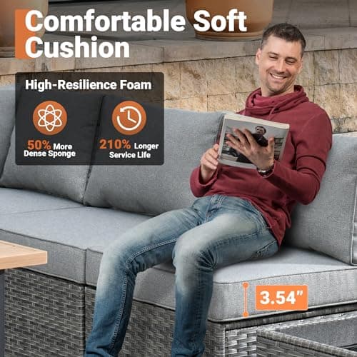 ovios 11 Piece Outdoor Patio Furniture Set with Fire Pit Table,Conversation Sectional Wicker Couch with Swivel Chairs,Modern Outside Sofa for Balcony Backyard, Dark Grey