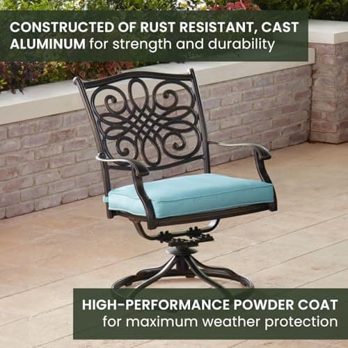 Hanover Traditions Set with 6 Swivel Rocker Chairs, Tan Cushions and Large 38"x72" Dining Table, Outdoor Dining Set for 6