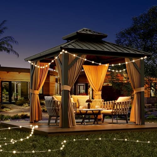 10'x10' Hardtop Gazebo, Heavy Duty Aluminum Permanent Hardtop Gazebo Outdoor Pavilion with Curtains and Netting for Garden (Khaki, 10'x10')