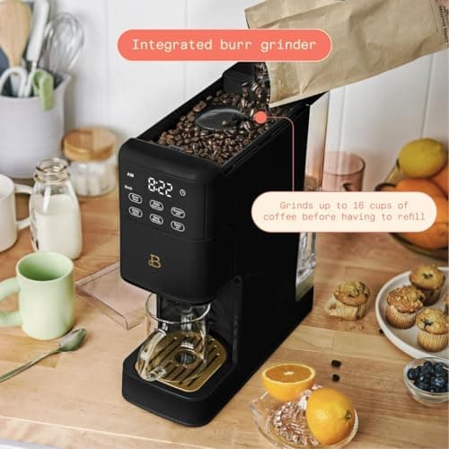 Beautiful Perfect Grind™ Single Serve Coffee Maker, built-in grinder, 6 sizes, 3 strengths, pod-free, reusable filter, 64oz reservoir, touch display, hot & iced brew. (Black Sesame)