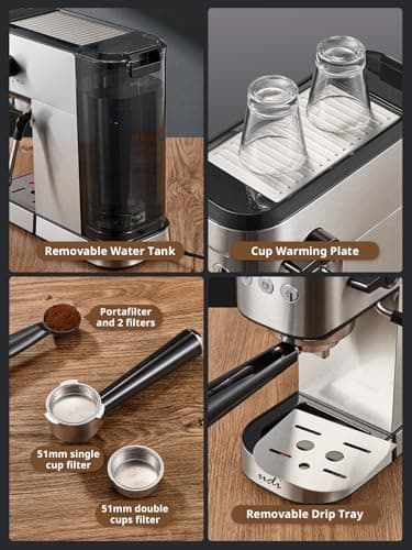 UDI Espresso Machine with Milk Frother, 20 Bar High Pressure Professional Espresso Maker Automatic, Compact Stainless Steel Coffee Machine for Cappuccino, Latte, Silver