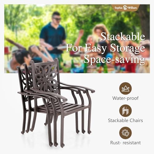 Sophia & William 7 Pieces Cast Aluminium Patio Dining Furniture Set for 6, Powder-Coating Outdoor Dining Chairs and Round Table with 2.2" Umbrella Hole for Porch Backyard Deck, Bronze