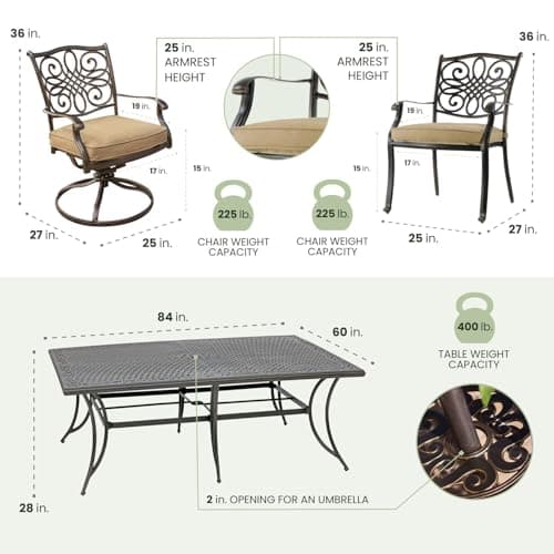 Hanover Traditions 11-Piece Outdoor Dining Set with 60" x 84" Cast-Top Aluminum Table, 6 Dining Chairs, and 4 Swivel Rockers with Thick Foam Cushions