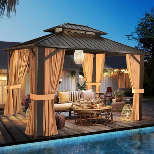 10’x12’ Hardtop Gazebo, Galvanized Steel Double Roof Canopy with Aluminum Frame, Outdoor Pavilion with Nettings and Curtains