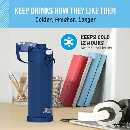 THERMOS FUNTAINER 16 Ounce Stainless Steel Vacuum Insulated Bottle with Wide Spout Lid, Navy