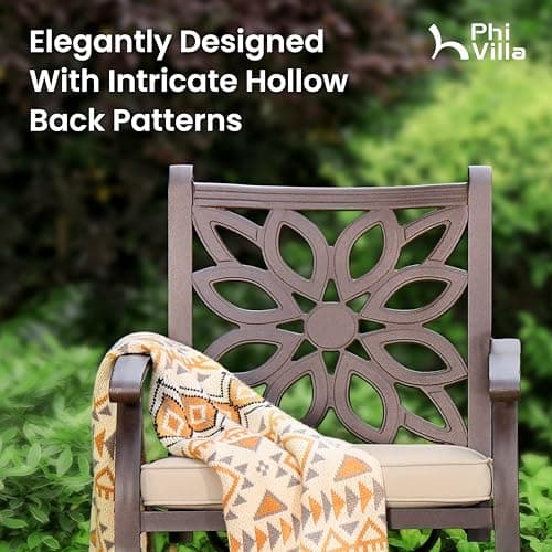 PHI VILLA Cast Aluminum Patio Dining Set for 6 Person, 7 Piece Outdoor Patio Set with 63" x 37.4" Cast-Top Aluminum Table(2.3" Umbrella Hole) and 6 Swivel Rockers Dining Chairs with Cushions