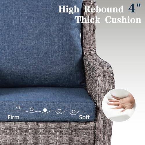 6 Piece Patio Furniture Set with Swivel Chairs, Side Table & Ottomans, Outdoor Conversation Set for Backyard, Deck, Porch, Poolside - Blue Comfortable Cushions in Mixed Grey Wicker