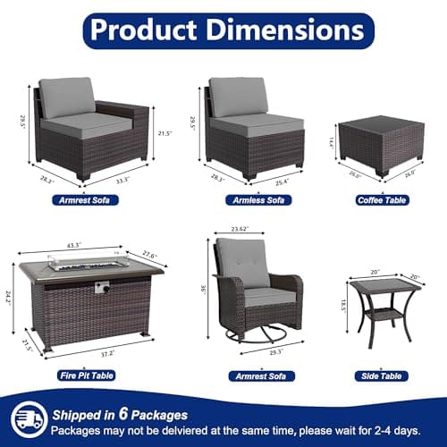 10 Pieces Patio Furniture Set with 2 Swivel Chairs Patio Furniture Outdoor Sectional Sofas with 55000 Gas Fire Pit Patio Conversation Set w/7 Cushions-Gary