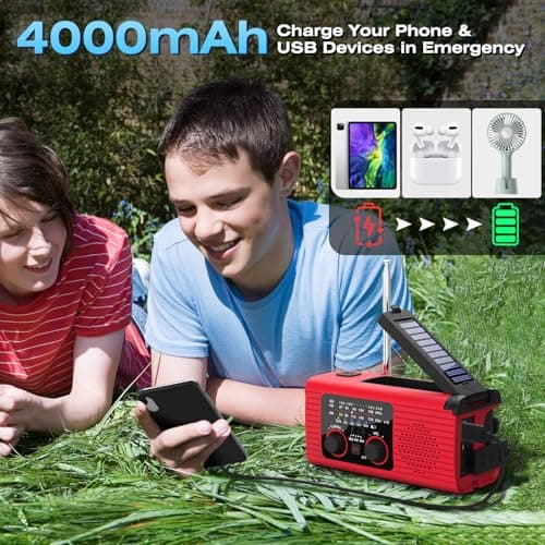Emergency Weather Radio, 4000mAh NOAA Weather Alert Radio Solar Charging, Hand Crank & USB Charged, AM/FM with LED Flashlight, Reading Lamp, SOS Alarm, Headphone Jack for Outdoor Indoor