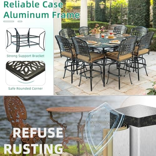 VIVIJASON 9-Piece High Patio Dining Set, Free-Rust Cast Aluminum Patio Bar Table and Chairs Set with 8 Swivel Bar Stools & 64" Bar Height Dining Table, Umbrella Hole for Backyard, Lawn, Garden