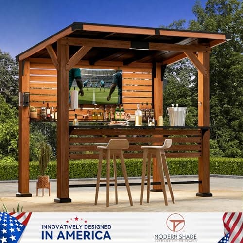 Modern Shade The Aura Cedar Wood Entertainment Bar Center, Wood Gazebo Grill Pavilion with Shelves & Paper Towel Holder, Grill Gazebo with Hardtop Steel Roof,TV Mount, Power Strip for Patio, Garden