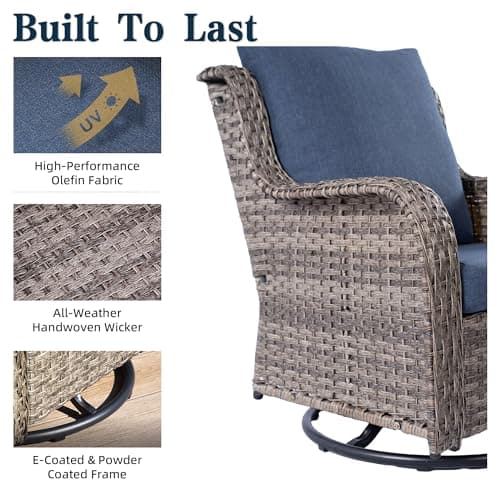 6 Piece Patio Furniture Set with Swivel Chairs, Side Table & Ottomans, Outdoor Conversation Set for Backyard, Deck, Porch, Poolside - Blue Comfortable Cushions in Mixed Grey Wicker