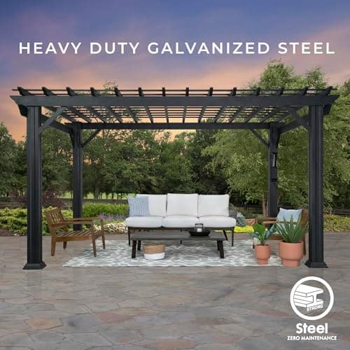 Backyard Discovery Stratford 14' x 12' Traditional Galvanized Steel Pergola Kit with Shade Sail Canopy, Powder-Coated Finish, All-Season Durability, High-Wind Rating for Outdoor Patio, Deck, Garden