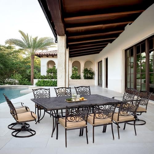 Hanover Traditions 11-Piece Outdoor Dining Set with 60" x 84" Cast-Top Aluminum Table, 6 Dining Chairs, and 4 Swivel Rockers with Thick Foam Cushions