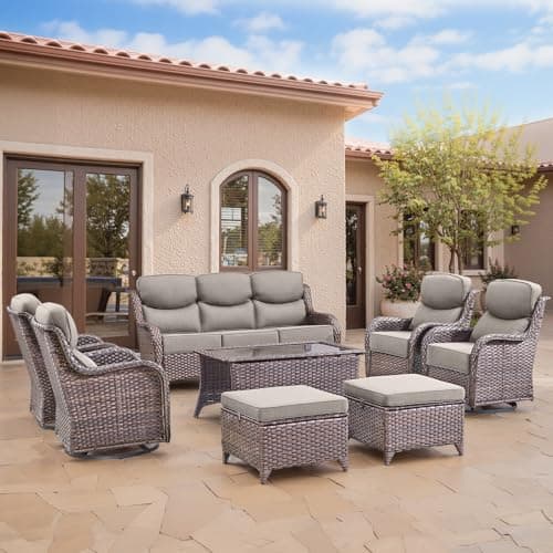 Swivel Patio Chairs sofa Set of 8 with 6" Thick Cushion - Wicker Outdoor Swivel Rocker Patio Chair ,Sofa/Glass coffee table, High Back Comfortable Outdoor Glider Chairs - Brown Wicker | Gery Cushions
