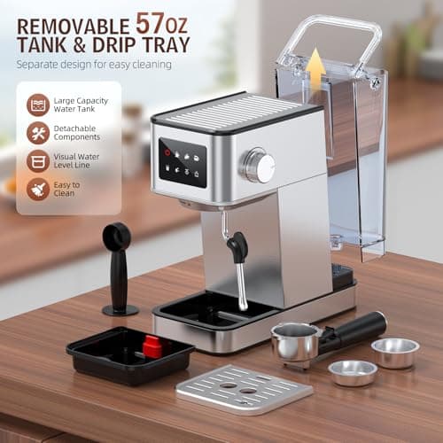 Espresso Machine with Milk Frother, 20 Bar Compact Espresso Maker with Touch Screen & 57.5oz Removable Water Tank for Home, Stainless Steel Coffee Machine for Cappuccino, Latte, Silver(updated)