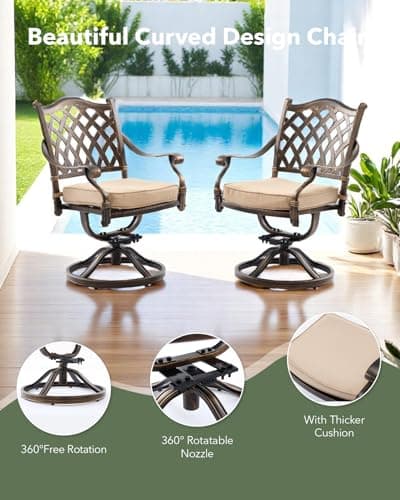 9 Piece Cast Aluminum Outdoor Dining Set, Retro Patio Dining Furniture Set for 8 Includes 86” Table 2 Swivel & 6 Stackable Lattice Chairs with Cushions and 2“ Umbrella Hole for Porch Poolside Garden