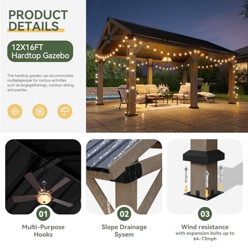 Aoxun 12' x 16' Outdoor Wood Gazebo, Hardtop Gazebo Permanent Wooden Pavilion with Galvanized Steel Gable Roof, for Patio, Garden, Deck, Cedar Wood